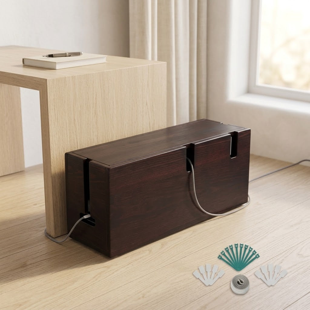 Large Wood Cable Management Box with Accessories, Dark Cherry
