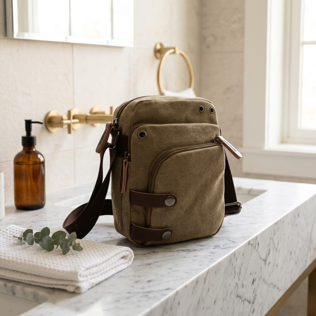 Mini Canvas Crossbody Bag with Adjustable Strap, Khaki