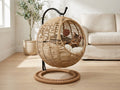 Hanging Wicker Cat Swing Bed with Steel Frame, Cushion and Toy, Khaki