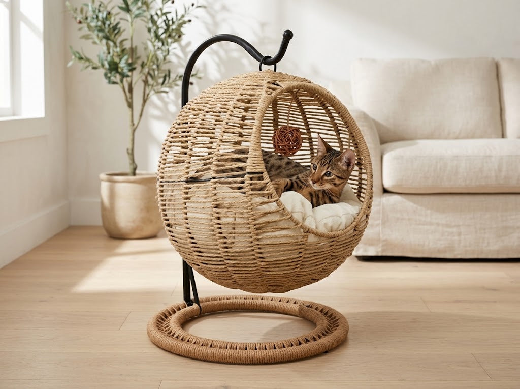 Hanging Wicker Cat Swing Bed with Steel Frame, Cushion and Toy, Khaki