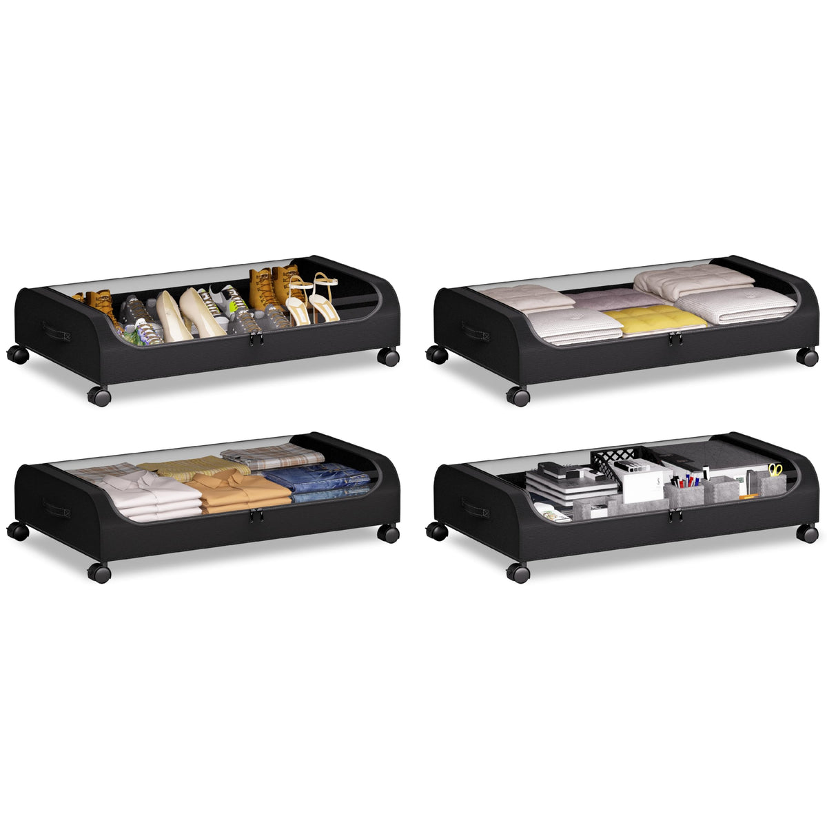 Rolling Under-Bed Storage Bins with Wheels, 60L, Set of 4, Black