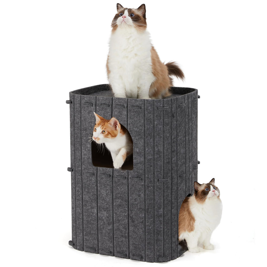2-Storey Felt Cat House with 3 Levels and 2 Entrances, Dark Grey