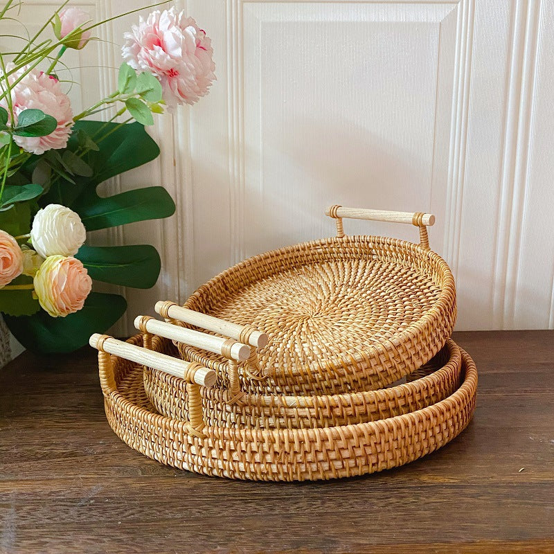 Woven Rattan Snack Basket with Wooden Handle, Small to Large