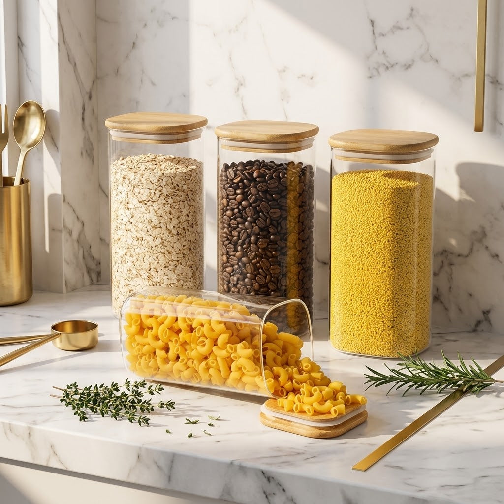 Square Glass Canisters with Bamboo Lids, 54 oz, Set of 4