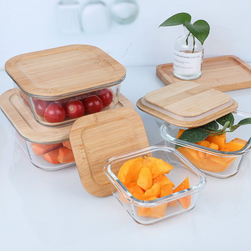 Borosilicate Glass Lunch Box with Bamboo Lid, Multiple Shapes