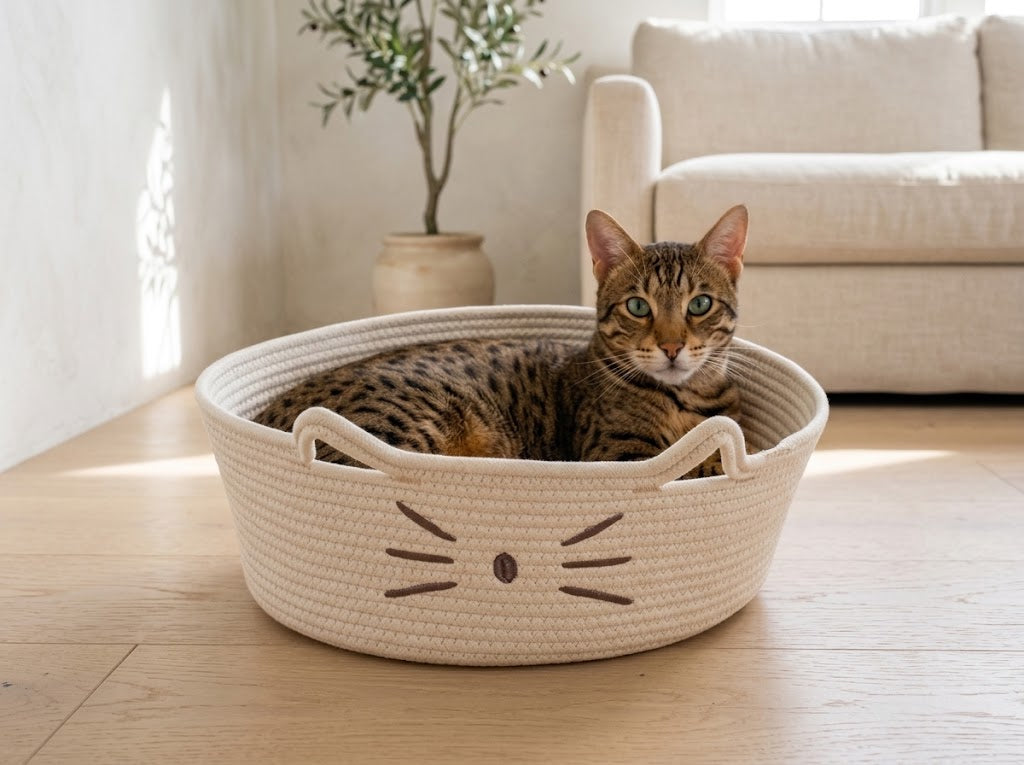2-in-1 Cotton Rope Cat Bed and Basket with Plush Cushion, White