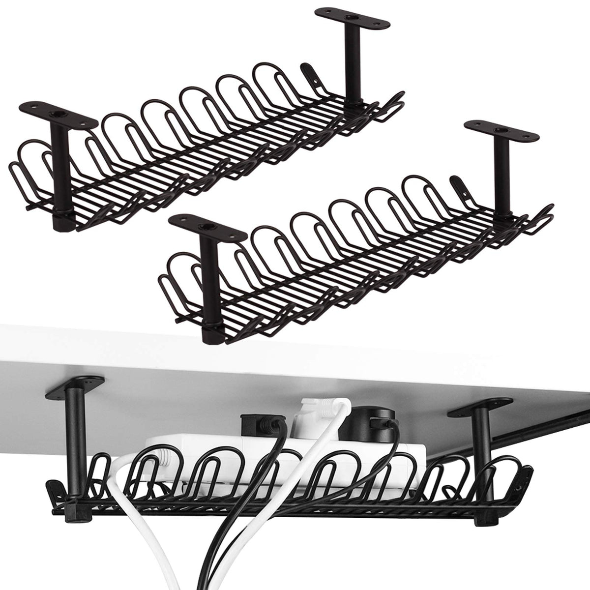 Steel Under-Desk Cable Trays, 14.4 in, Set of 2, Black