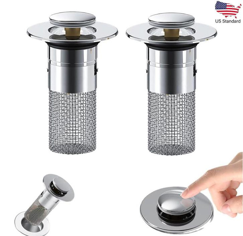 Pop-Up Sink Drain Stopper with Hair Catcher Basket, 2 Pack