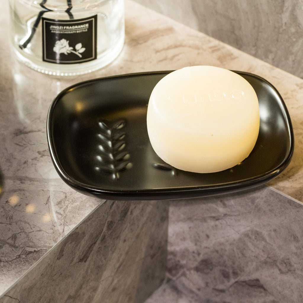 Black Ceramic Soap Dish with Raised Leaf Design