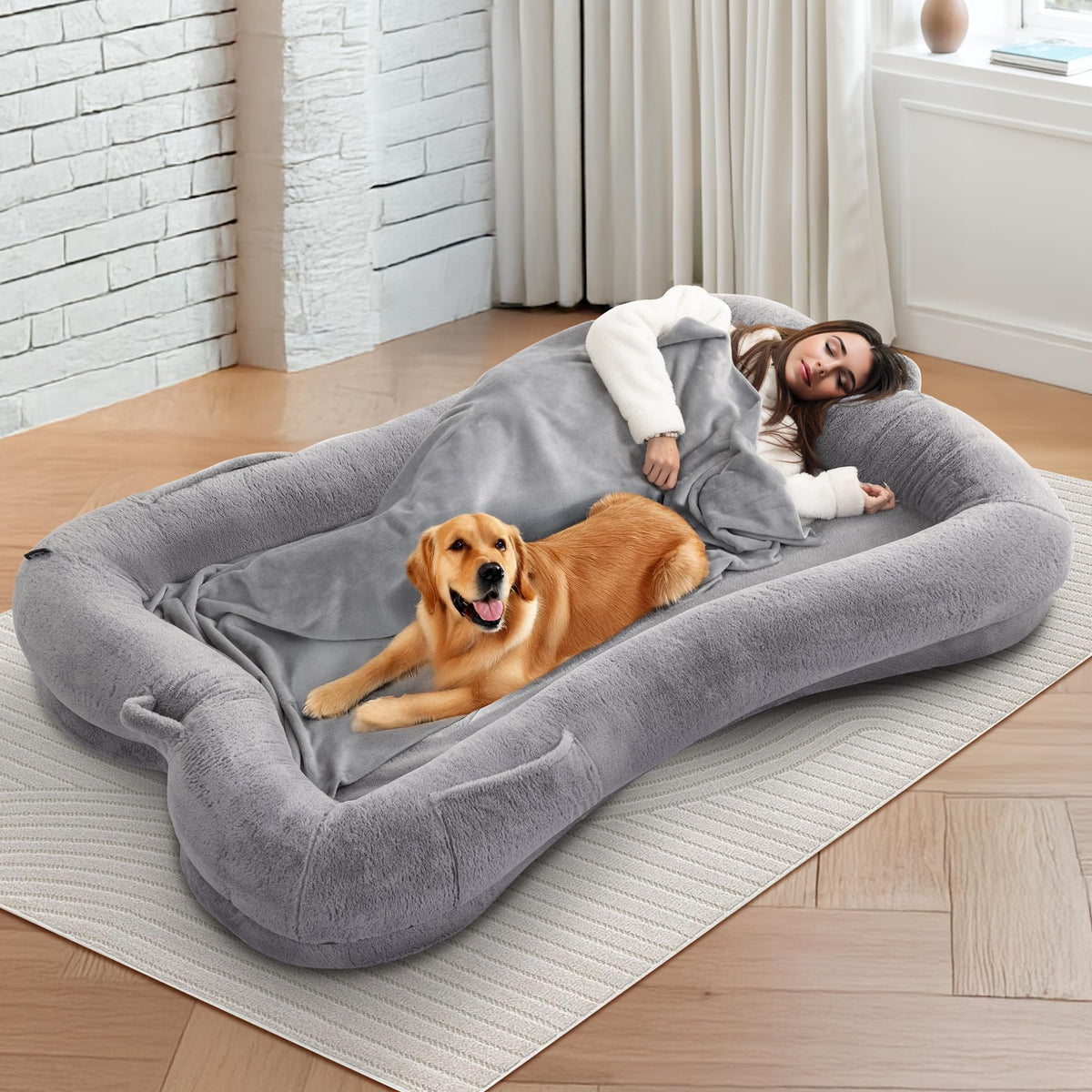 Human-Size Dog Bed with Blanket and Side Pocket, 72 x 48 in, Gray