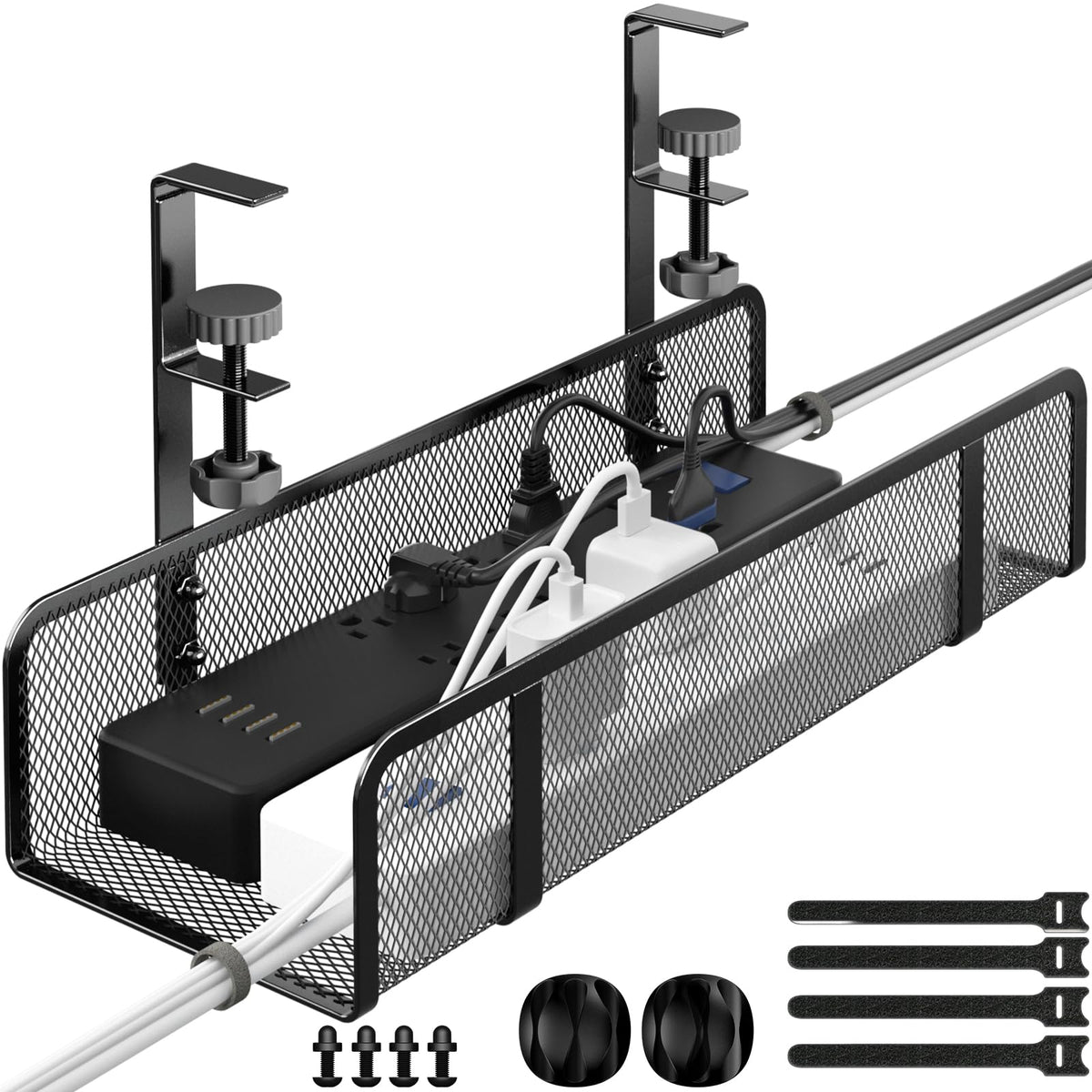 No-Drill Mesh Cable Tray for Two Power Strips, Clamp-On, Black