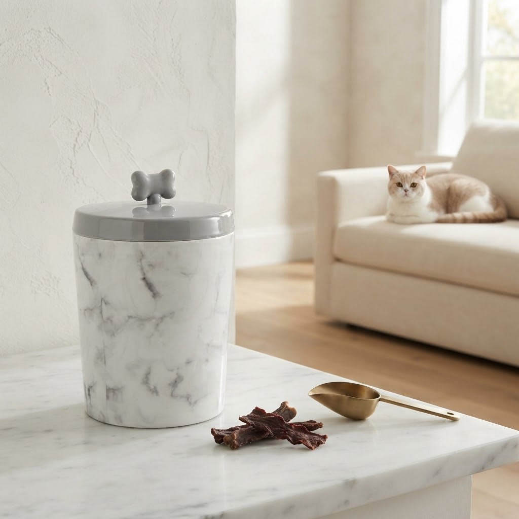Marble Dog Treat Jar with Bamboo Lid and Silicone Seal