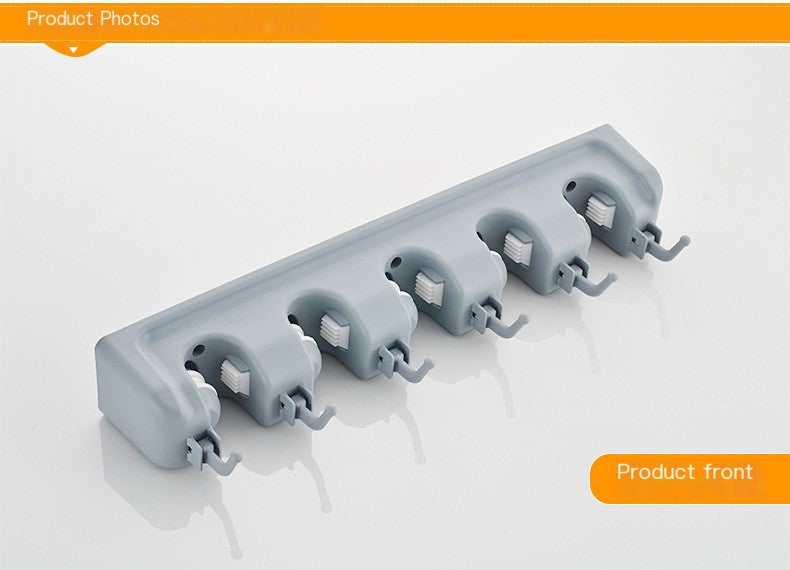 Wall-Mounted Mop and Broom Holder with Hooks, Grey