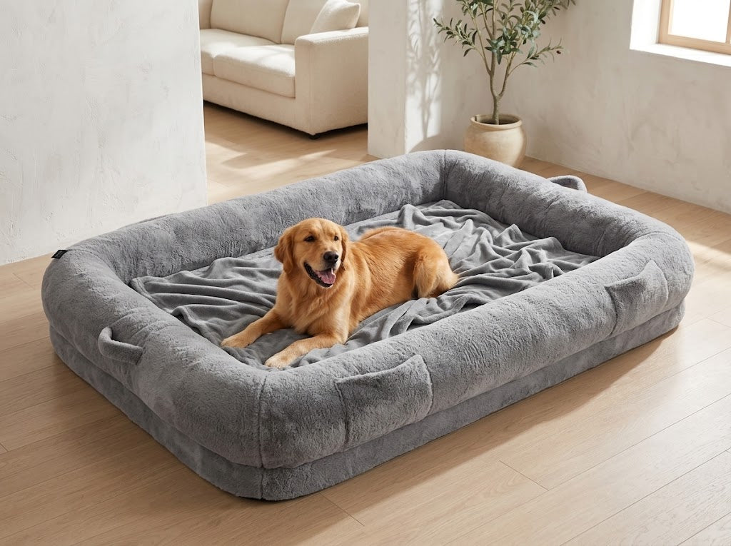 Human-Size Dog Bed with Blanket and Side Pocket, 72 x 48 in, Gray