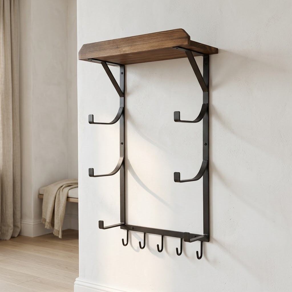 Wall Yoga Mat Rack with Wood Floating Shelves and 5 Hooks, 17 x 28 in