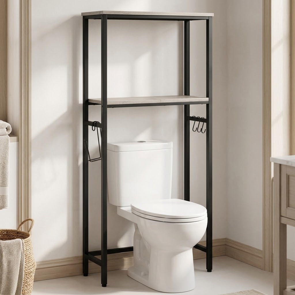 2-Tier Over-the-Toilet Storage Shelf with Paper Holder and Hooks