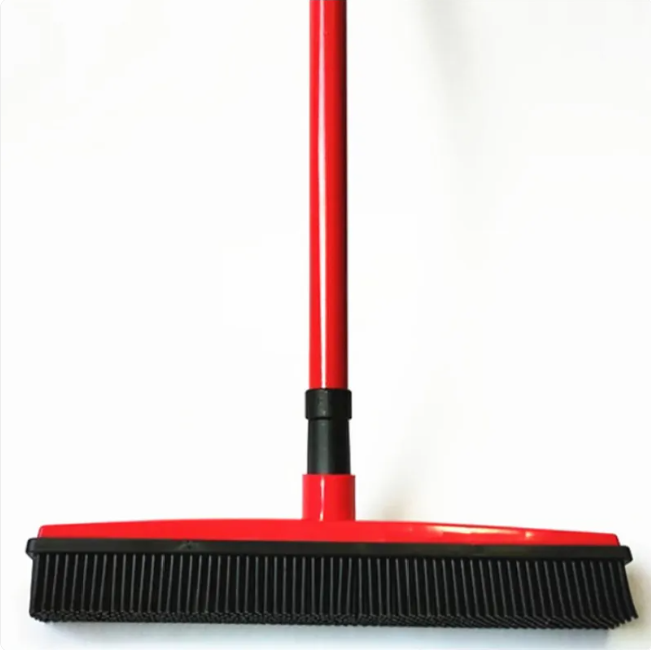 Rubber Pet Hair Broom with Flat Scraper Head and 3-Section Handle