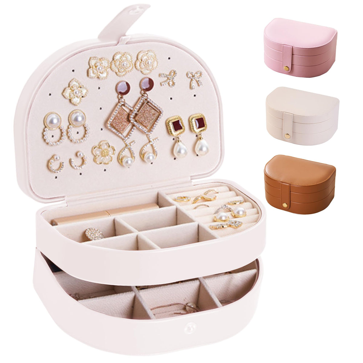 Small 3-Layer PU Leather Travel Jewelry Case, White