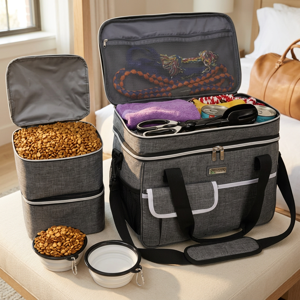 Double-Layer Pet Travel Tote with 2 Food Containers and 2 Bowls