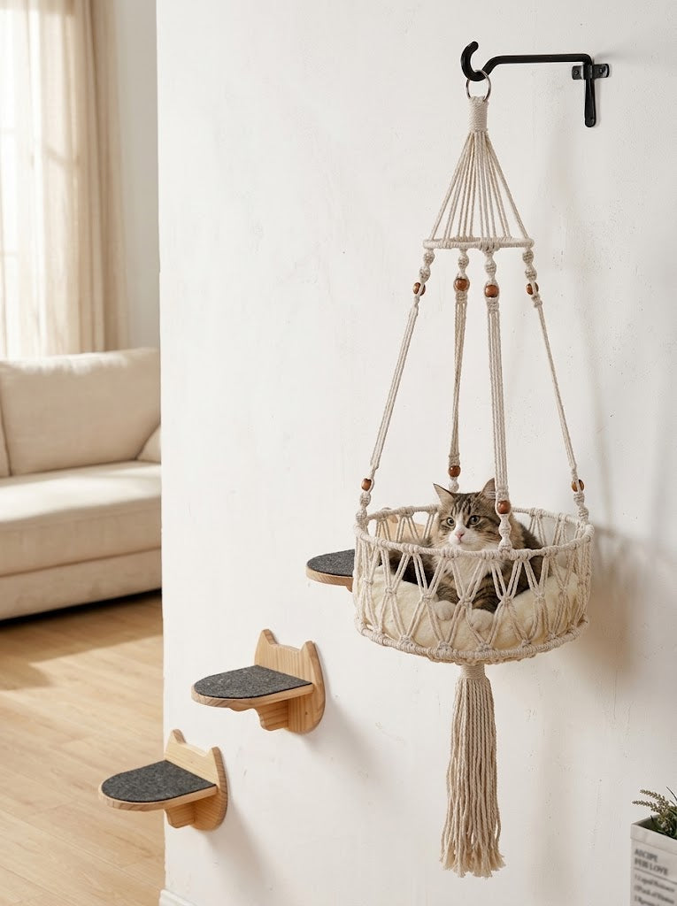Macrame Wall-Mounted Cat Hammock with 3 Steps and Hook, 14 in