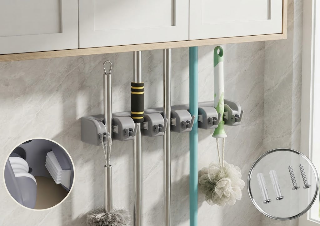 Wall-Mount Mop and Broom Holder with 5 Slots and 2 Hooks