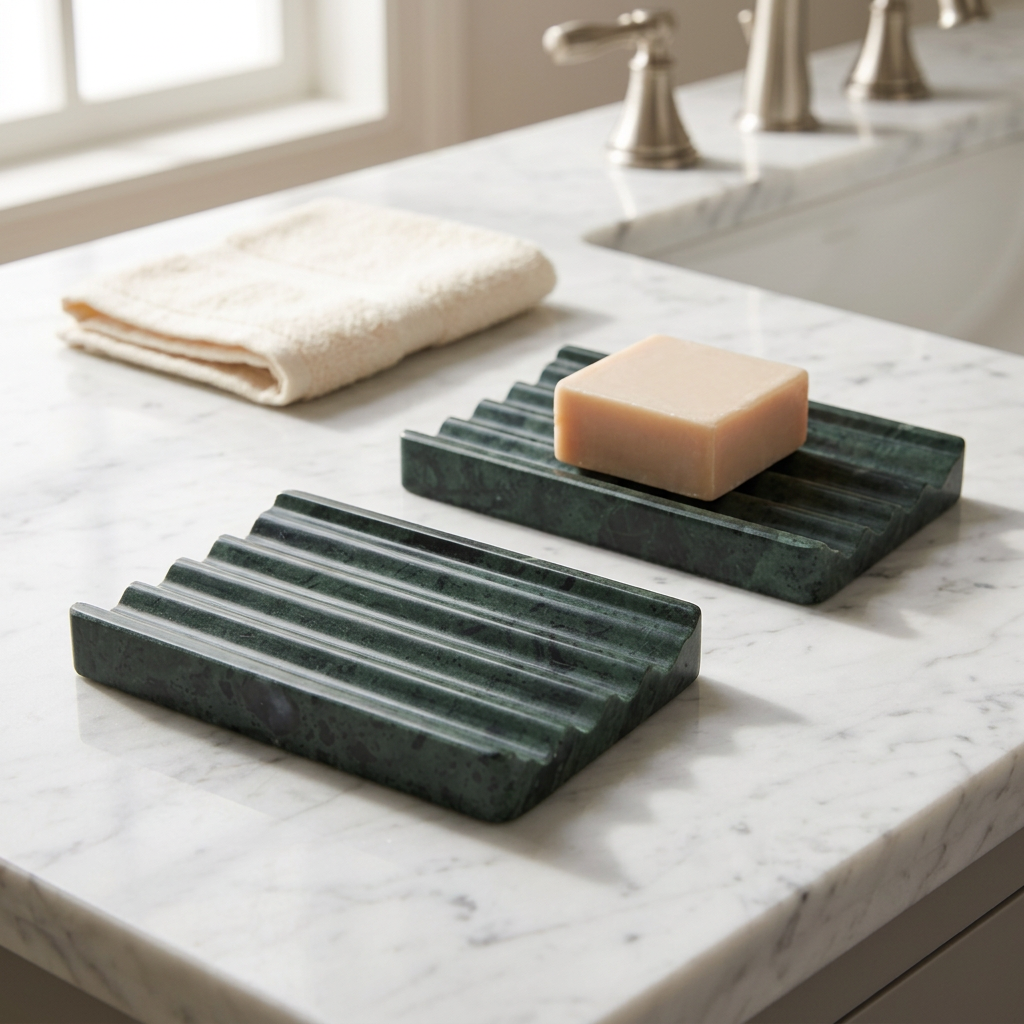 Green Marble Soap Dish with Wavy Drain Design, 2 Pack
