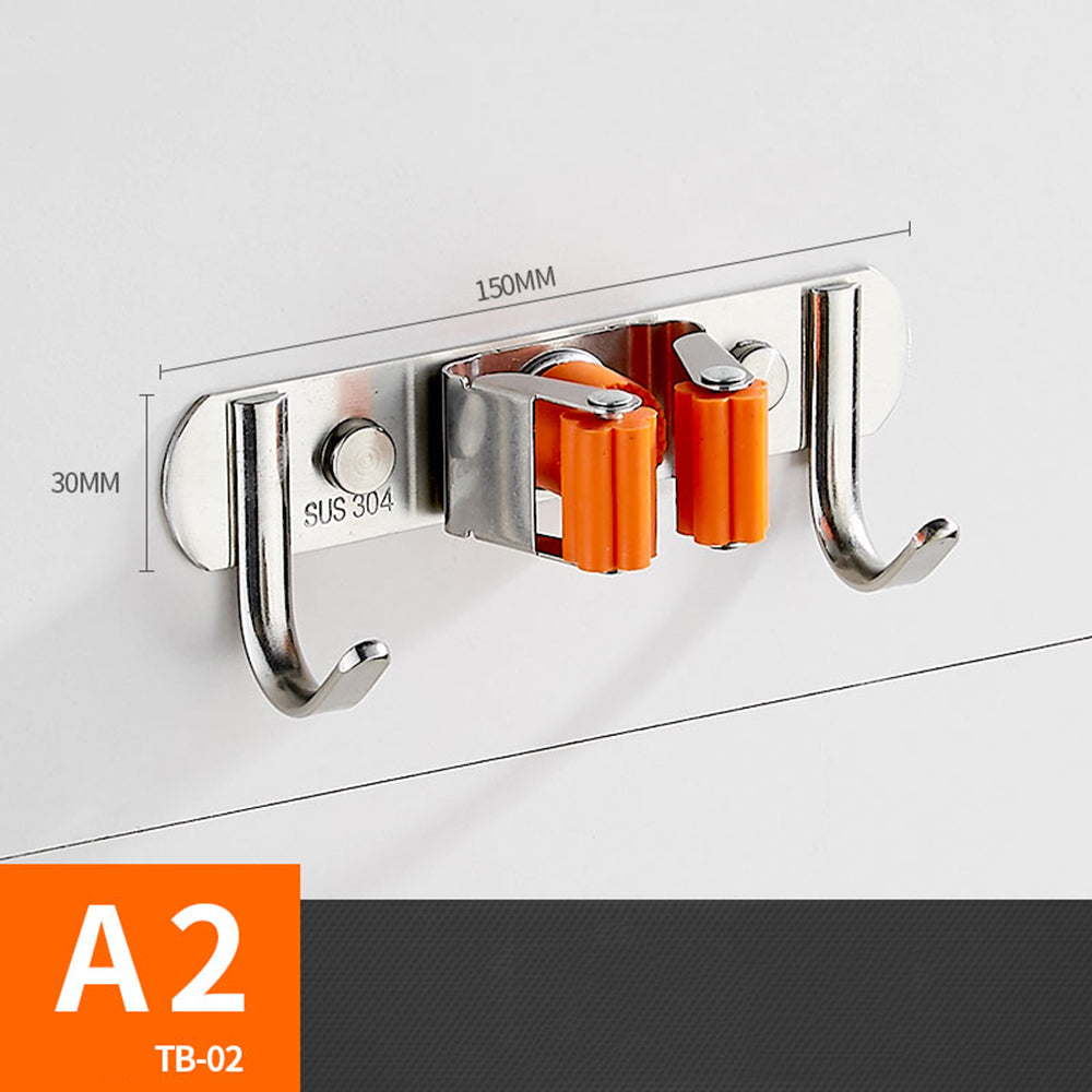 Wall-Mounted Broom and Mop Holder with Grips and Hooks, Orange