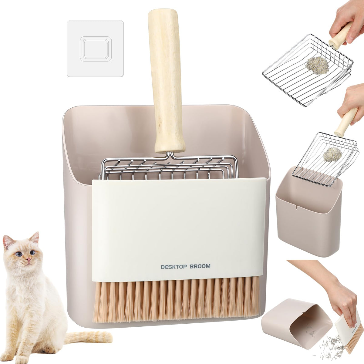 Cat Litter Scoop Kit with Wood Handle, Brush and Dustpan, Gray