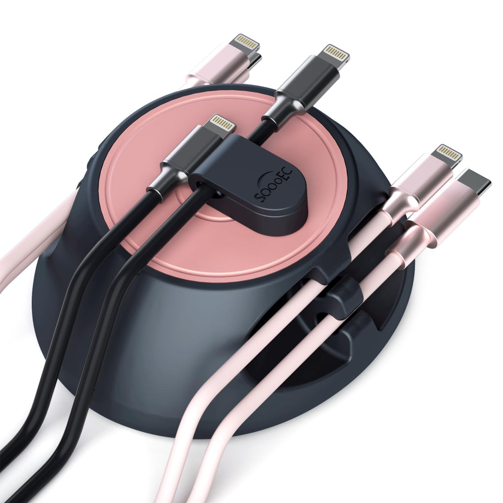 3-in-1 Magnetic Cord Holder with 4 Side Slots, Dark Grey and Pink