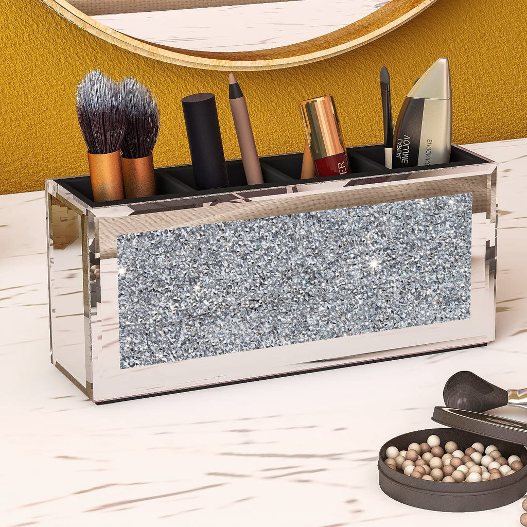 Mirrored 4-Compartment Makeup Brush Holder with Crushed Crystal Inlay