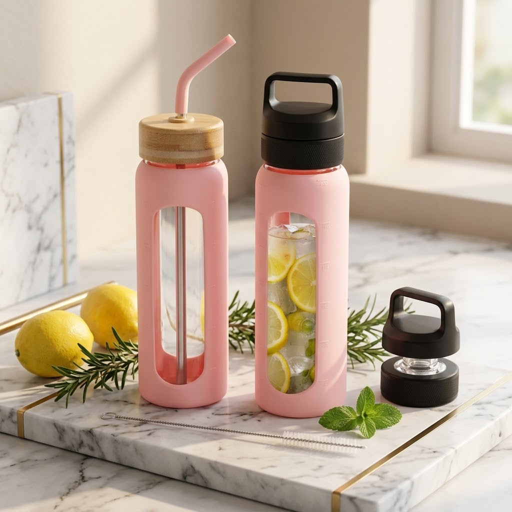 24 oz Borosilicate Glass Water Bottle with 2 Lids, Pink