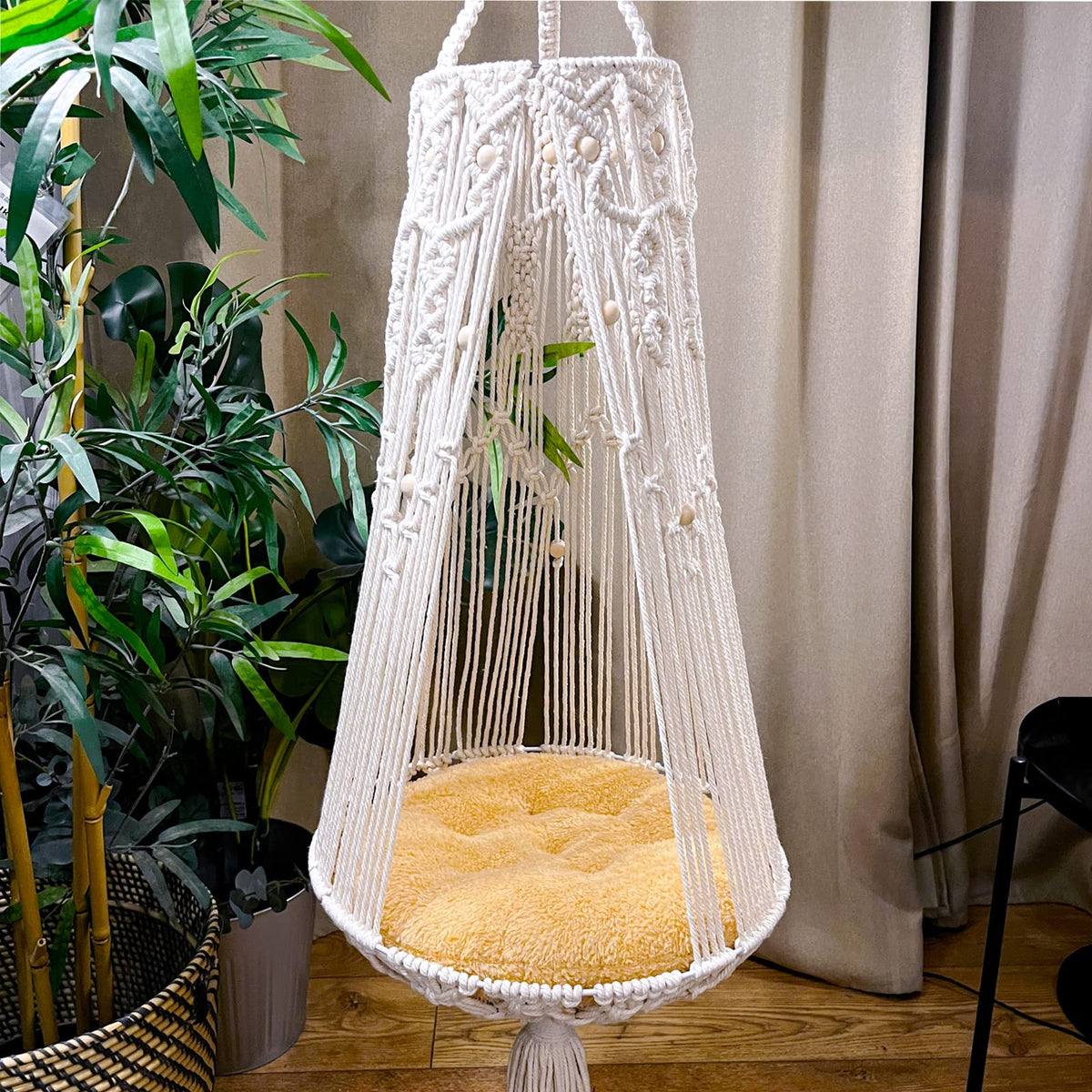 Macrame Hanging Cat Bed with Metal Ring, Holds 33 lb