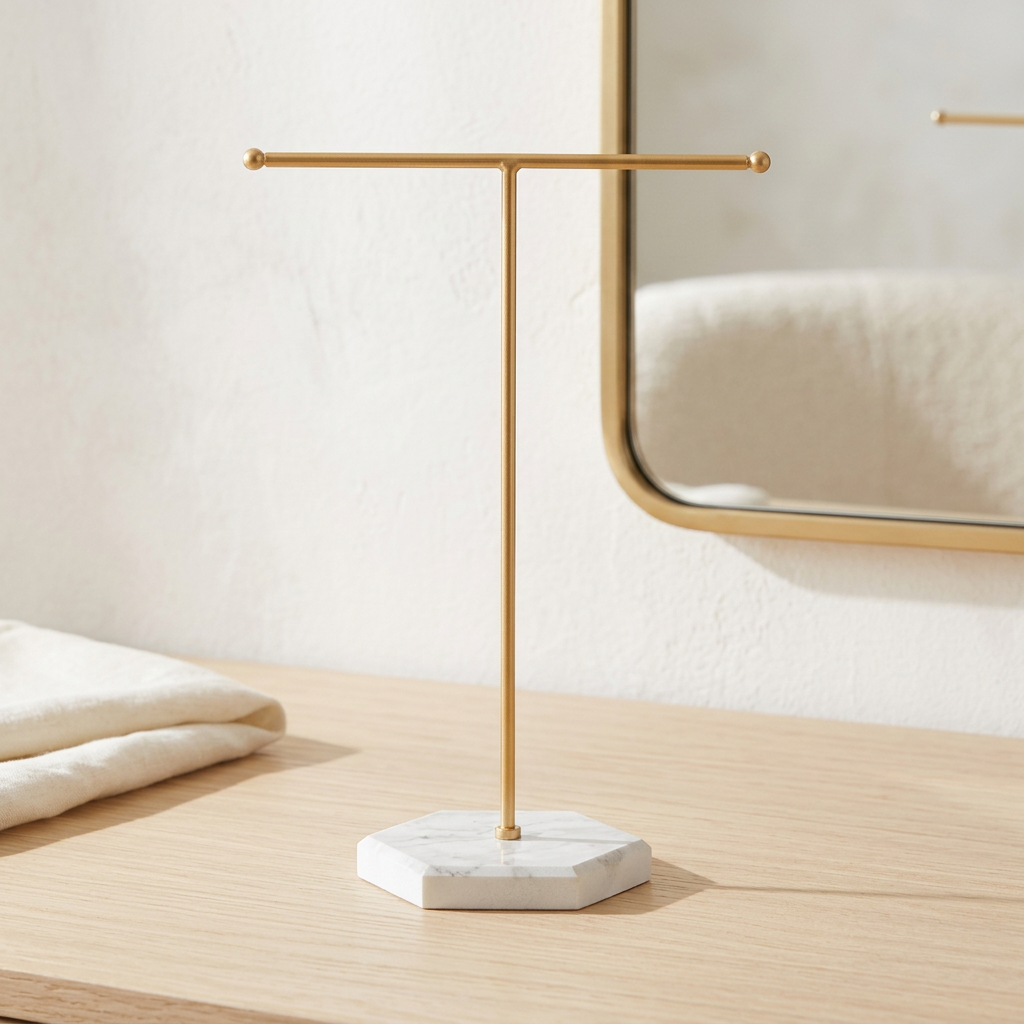 T-Bar Jewelry Display Stand, Plated Metal with White Marble Base, 10.2 in