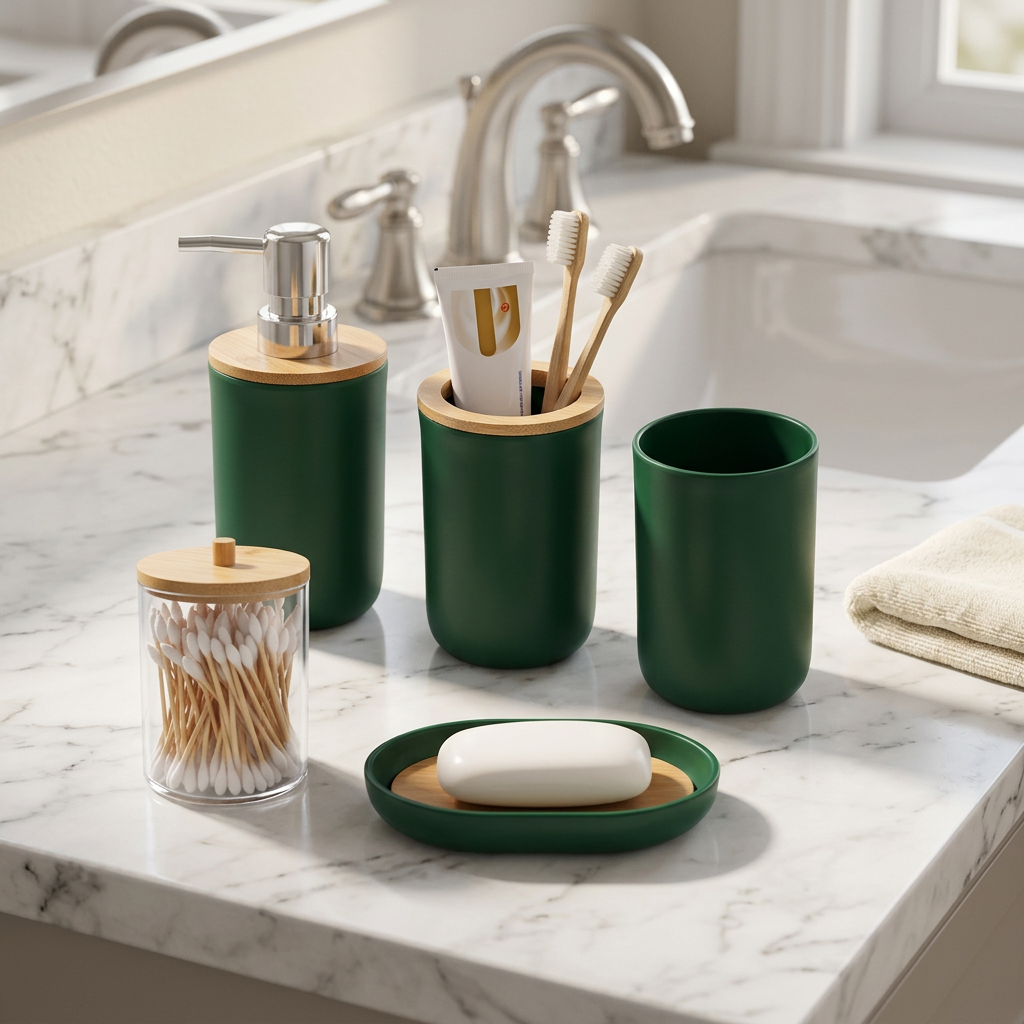 Hunter Green Bathroom Accessories Set, 5 Pieces, PP and ABS