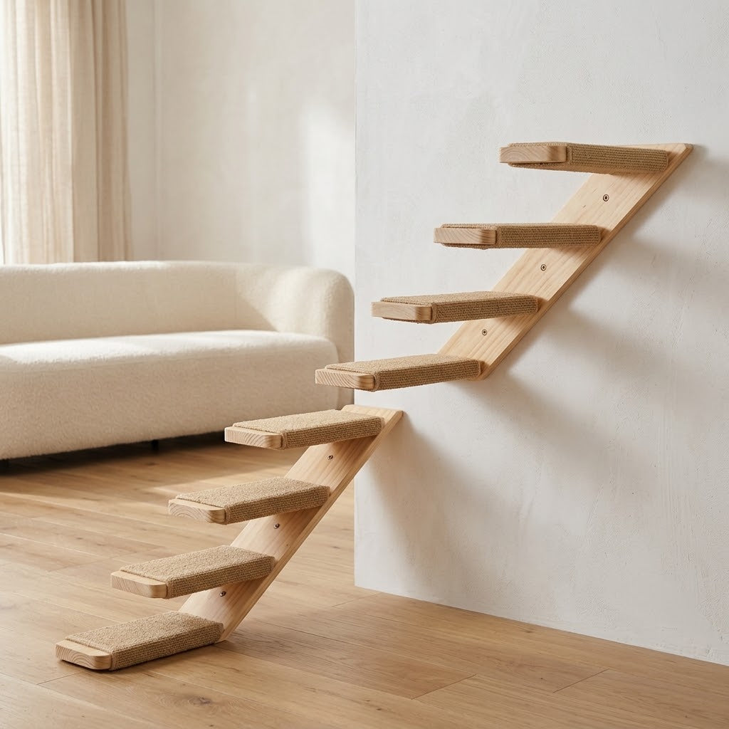 Reversible Cat Wall Stair with 4 Steps and 2 Shelves, Pine and Jute