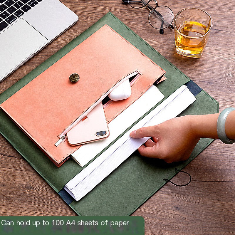 A4 PU Leather Document Bag, Three-Layer Storage, Button Closure