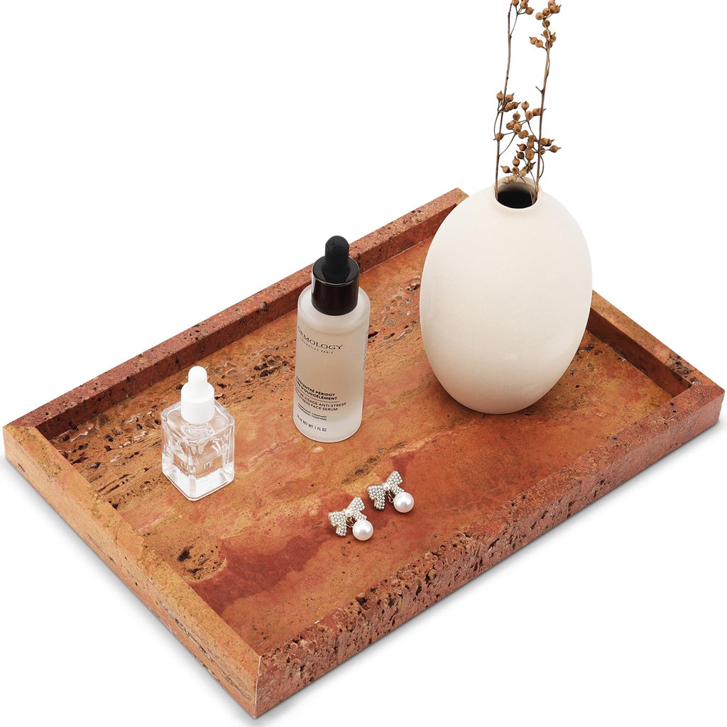 Natural Travertine Stone Vanity Tray, Rectangular, Travertine Red