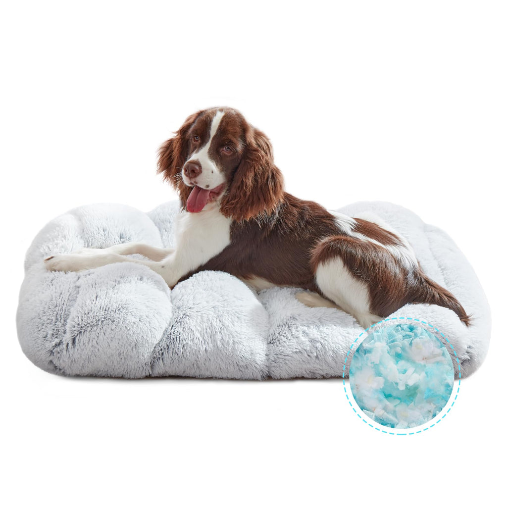 Fluffy Dog Crate Bed with Memory Foam Fill, Large 35 x 24 in, Grey