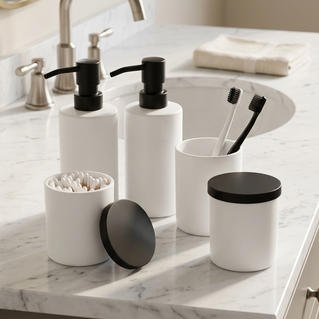 White Matte Glass Bathroom Accessories Set, 5 Pieces