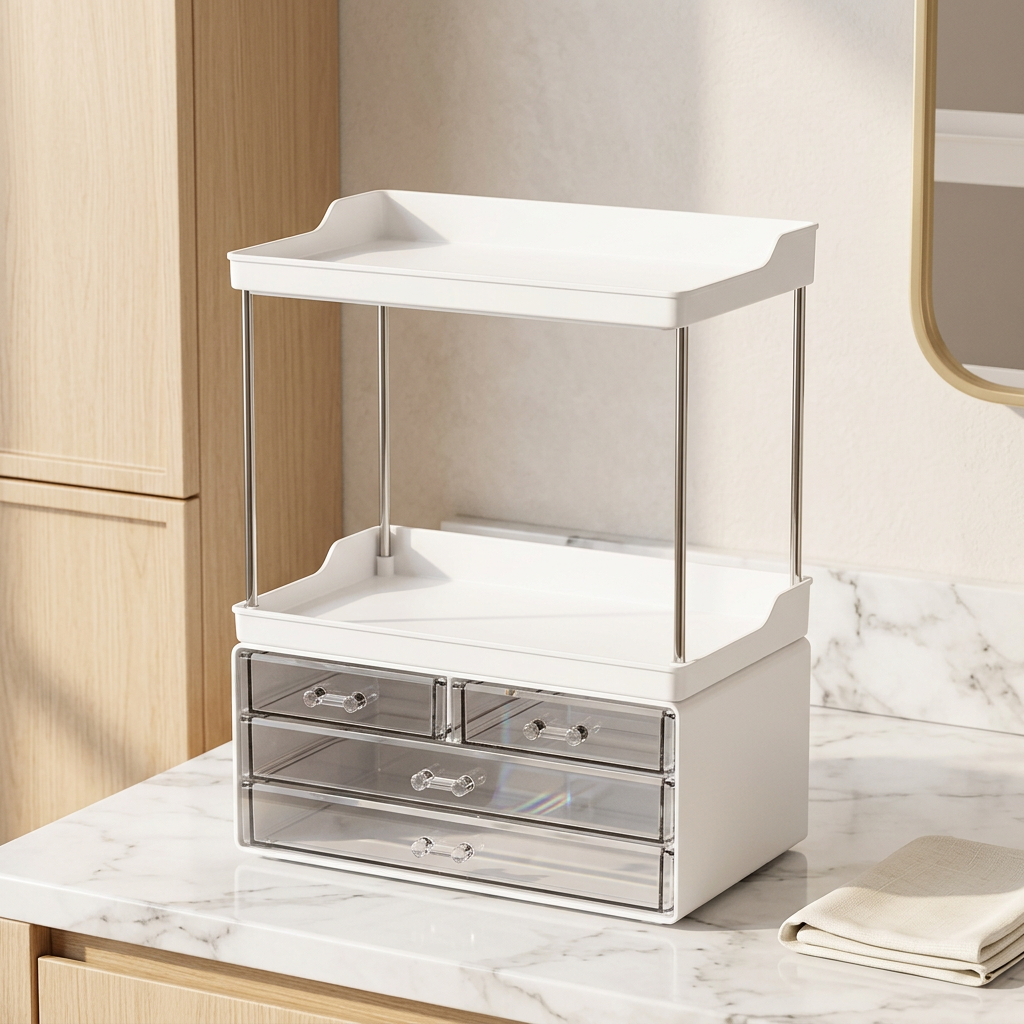Stackable 4-Drawer Makeup Organizer for Counter, Set of 2, White