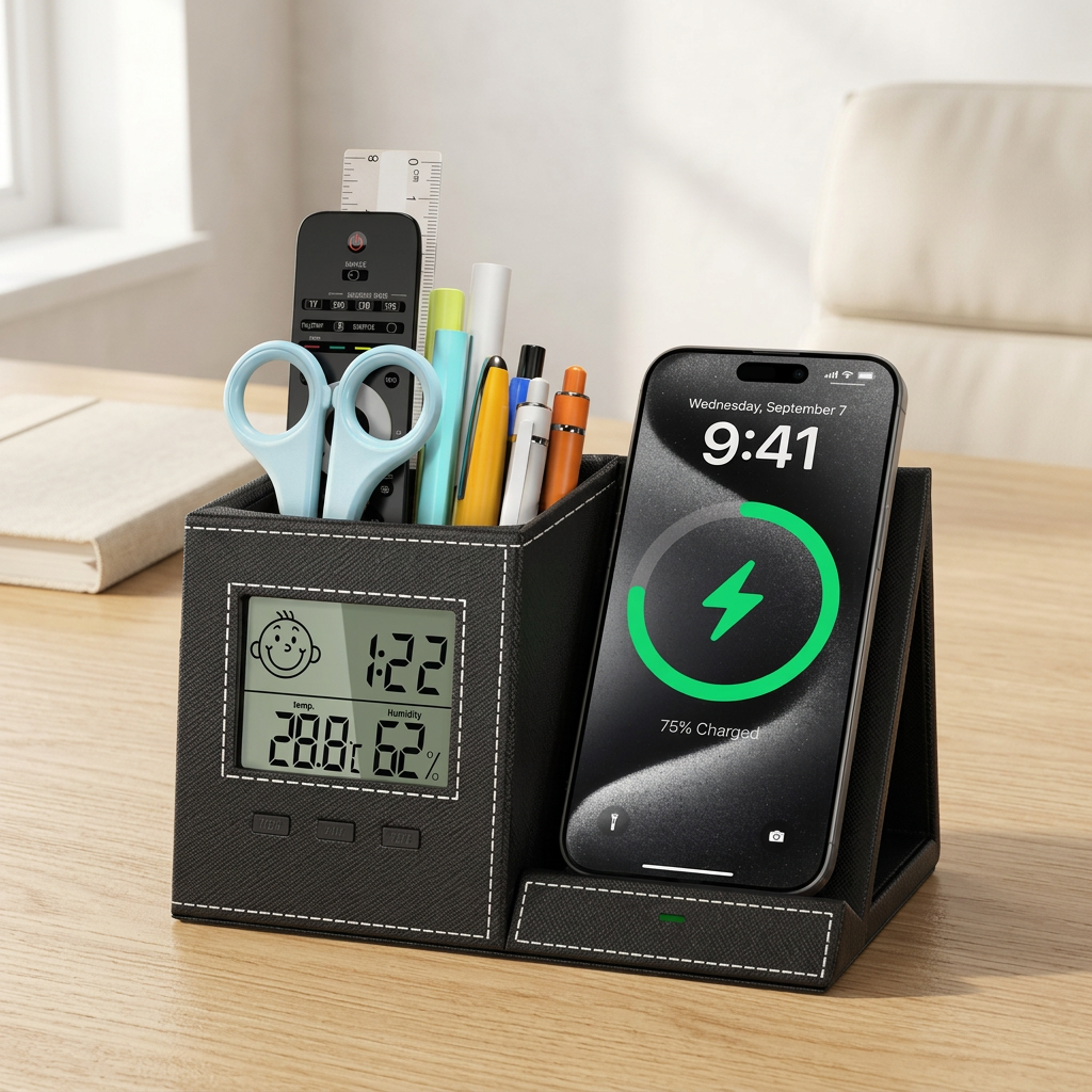 4-in-1 Desk Organizer with Wireless Charger, Pen Holder and Clock