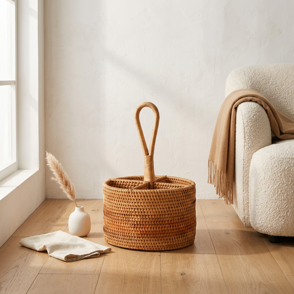 Rattan Storage Basket with Carry Handle, 30 x 19 x 19 cm