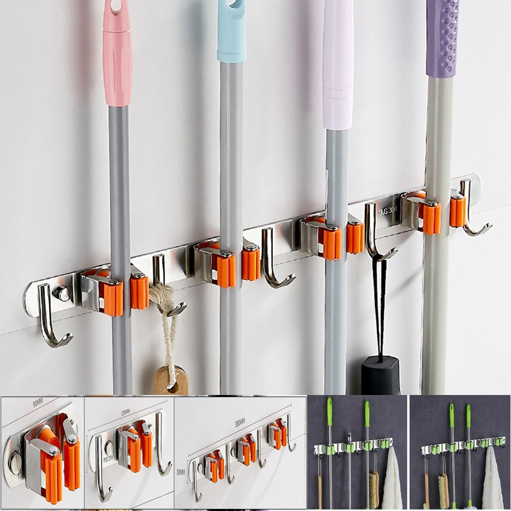 Wall-Mounted Broom and Mop Holder with Grips and Hooks, Orange