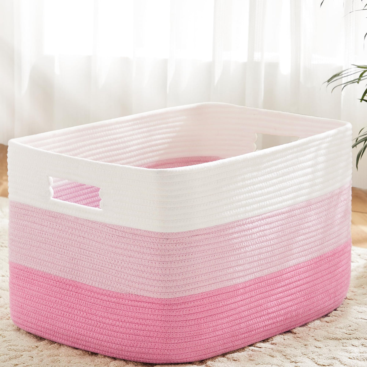 Rectangular Woven Cotton Rope Blanket Basket, 30L, Pink