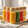 Wide-Mouth Glass Juice Bottles with Bamboo Lids, 10 oz, 6-Pack
