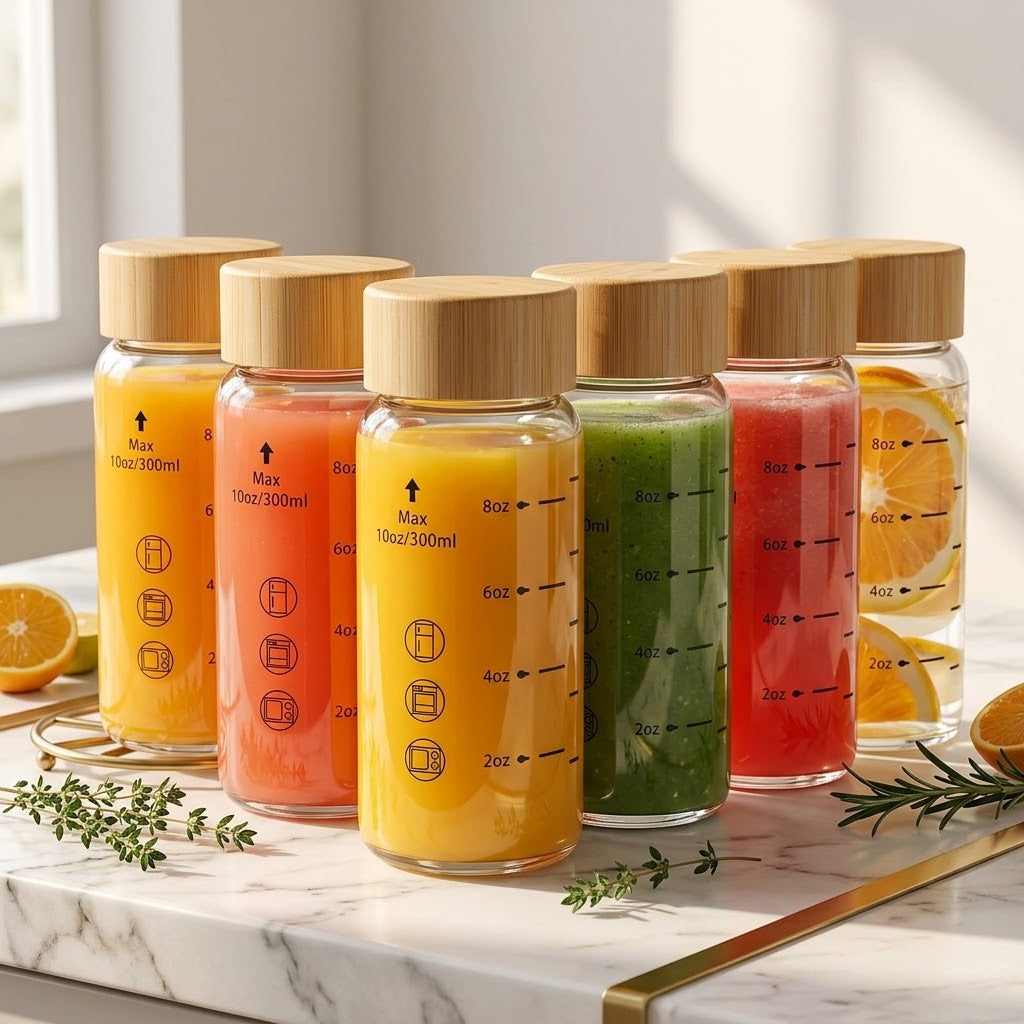 Wide-Mouth Glass Juice Bottles with Bamboo Lids, 10 oz, 6-Pack