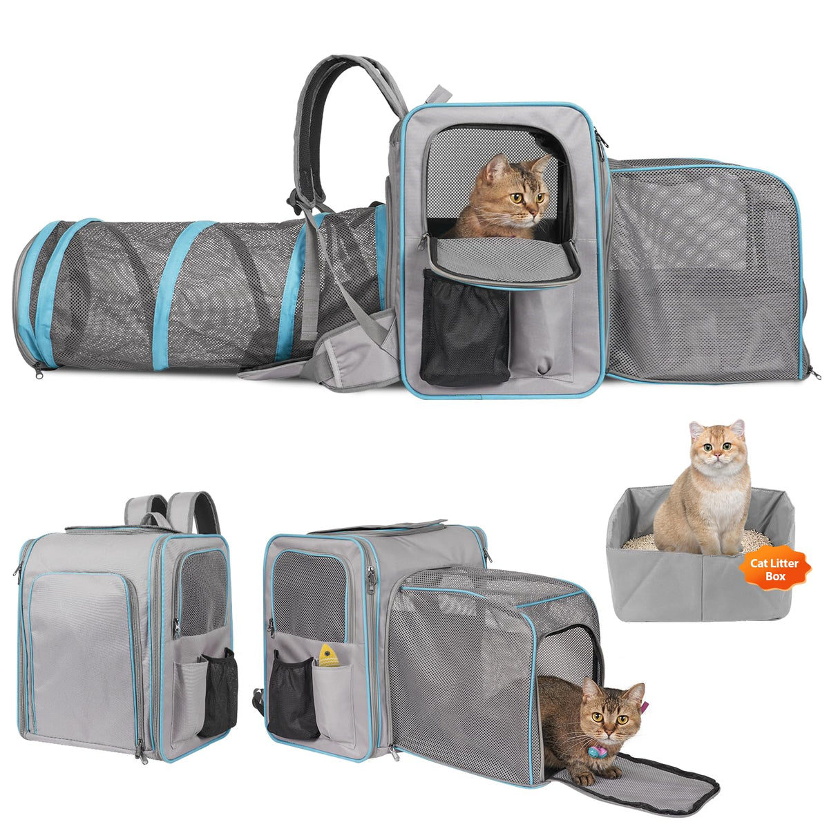 Expandable Cat Backpack with Litter Box Compartment and Tunnel, Grey