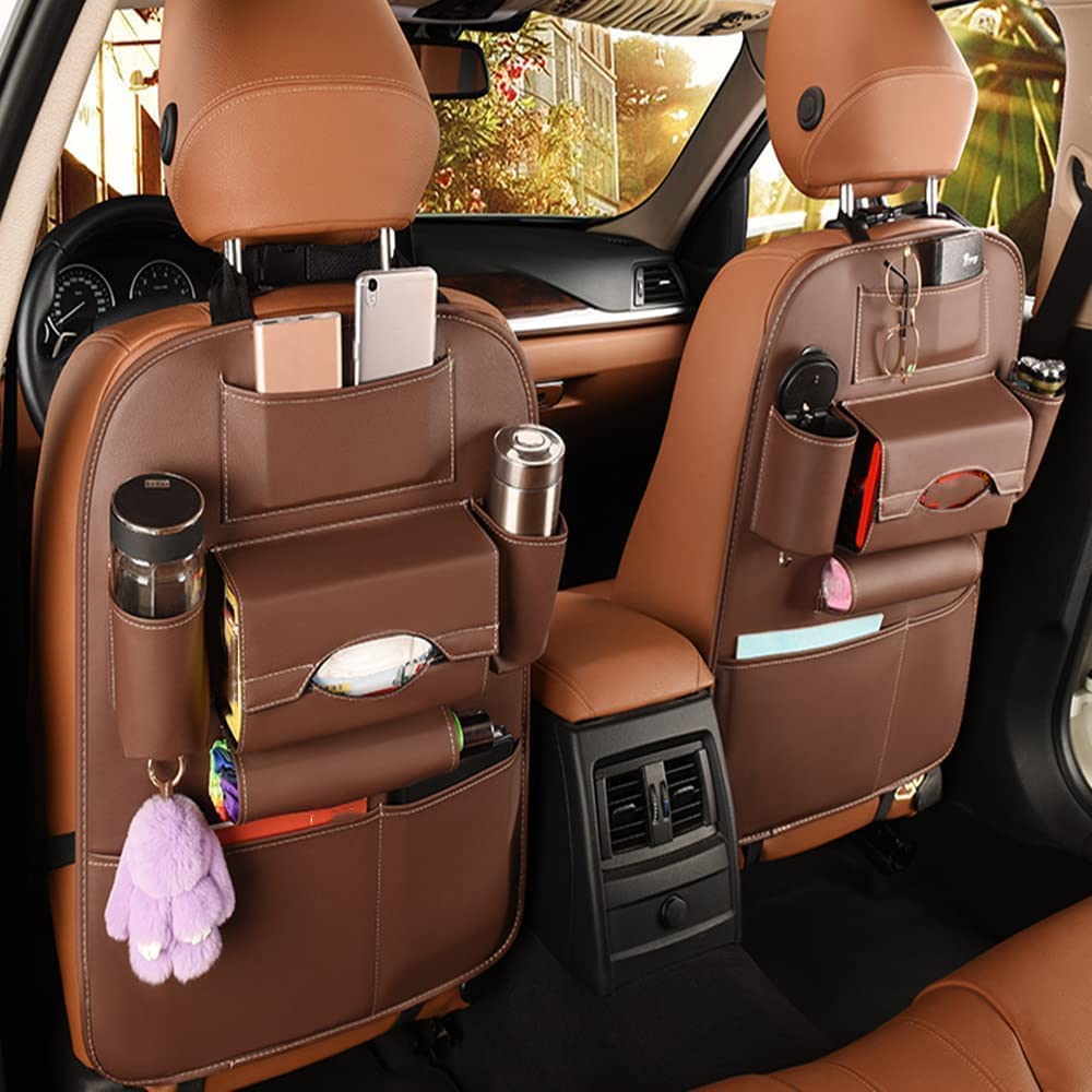 PU Leather Backseat Car Organizer with Kick Mat, Brown