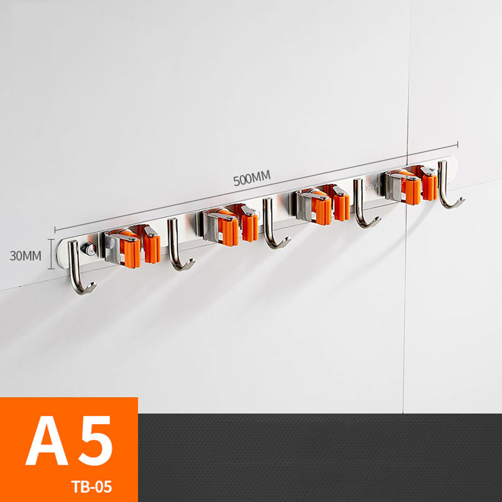 Wall-Mounted Broom and Mop Holder with Grips and Hooks, Orange
