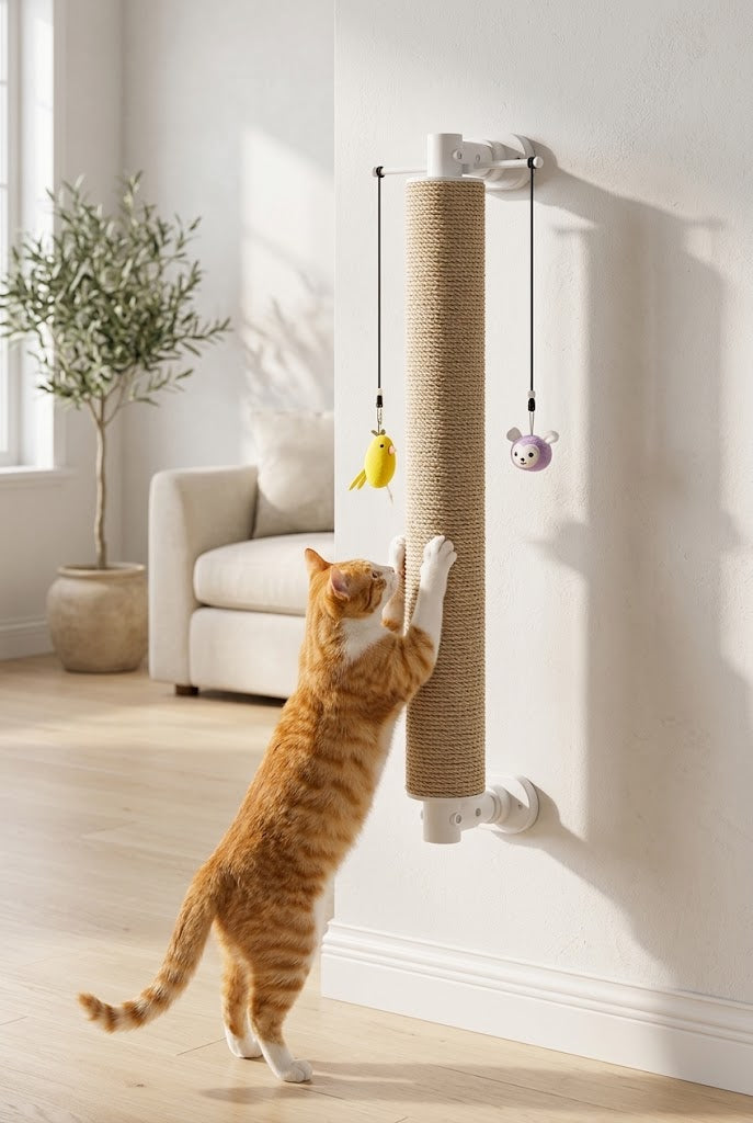 Wall-Mounted Jute Cat Scratching Post with Hanging Toys, 20.5 in